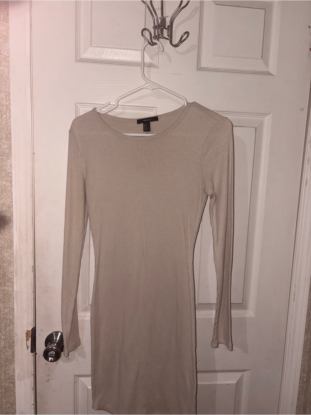 Ribbed Long Sleeve Bodycon Dress in Taupe